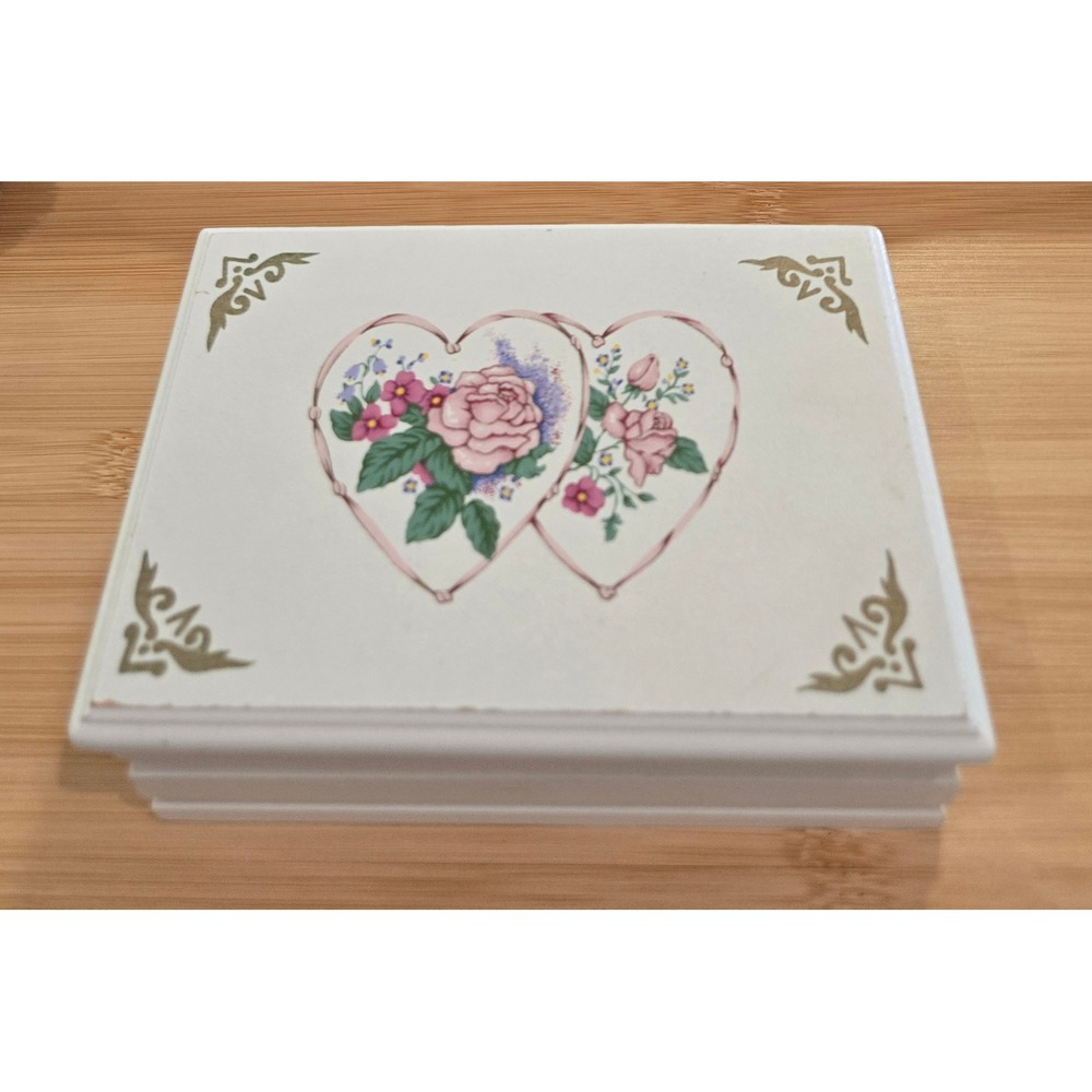 Vintage Wooden Jewelry Box White Floral Rose Heart Pink Lining Made in Taiwan